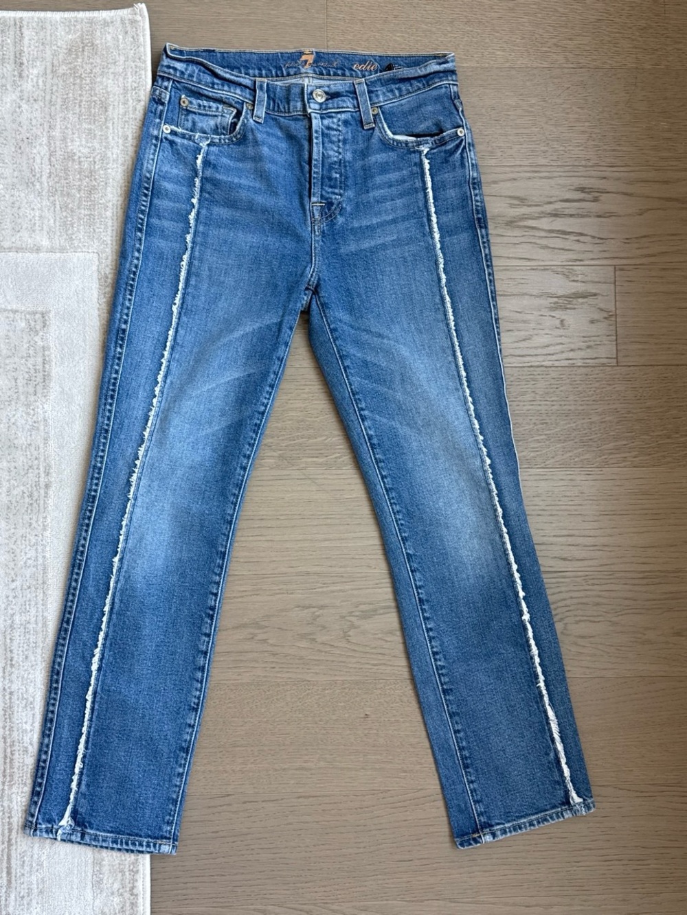 7 For All Mankind Blue Straight-Leg Jeans with Frayed Side Seams